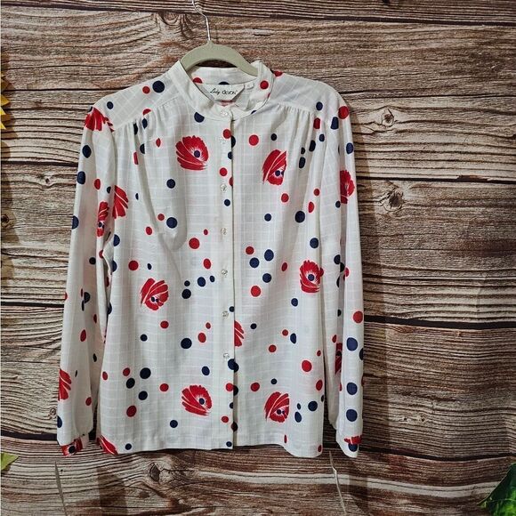 Vintage Devon long sleeve blouse white/blue/red NWT - Picture 1 of 8